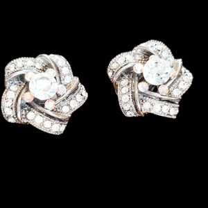 Vintage European Cut Rhinestone Clip Flower Earrings 50s Silvertone